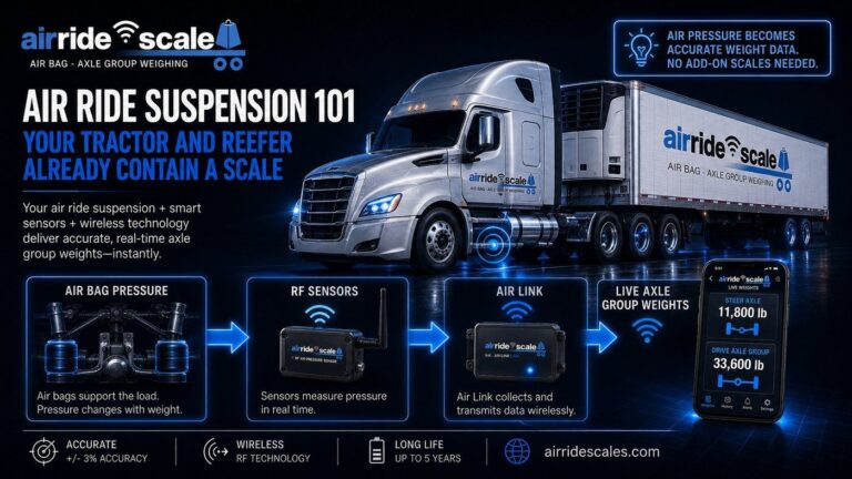Diagram of air ride suspension air bags on a tractor and reefer trailer working as an onboard scale