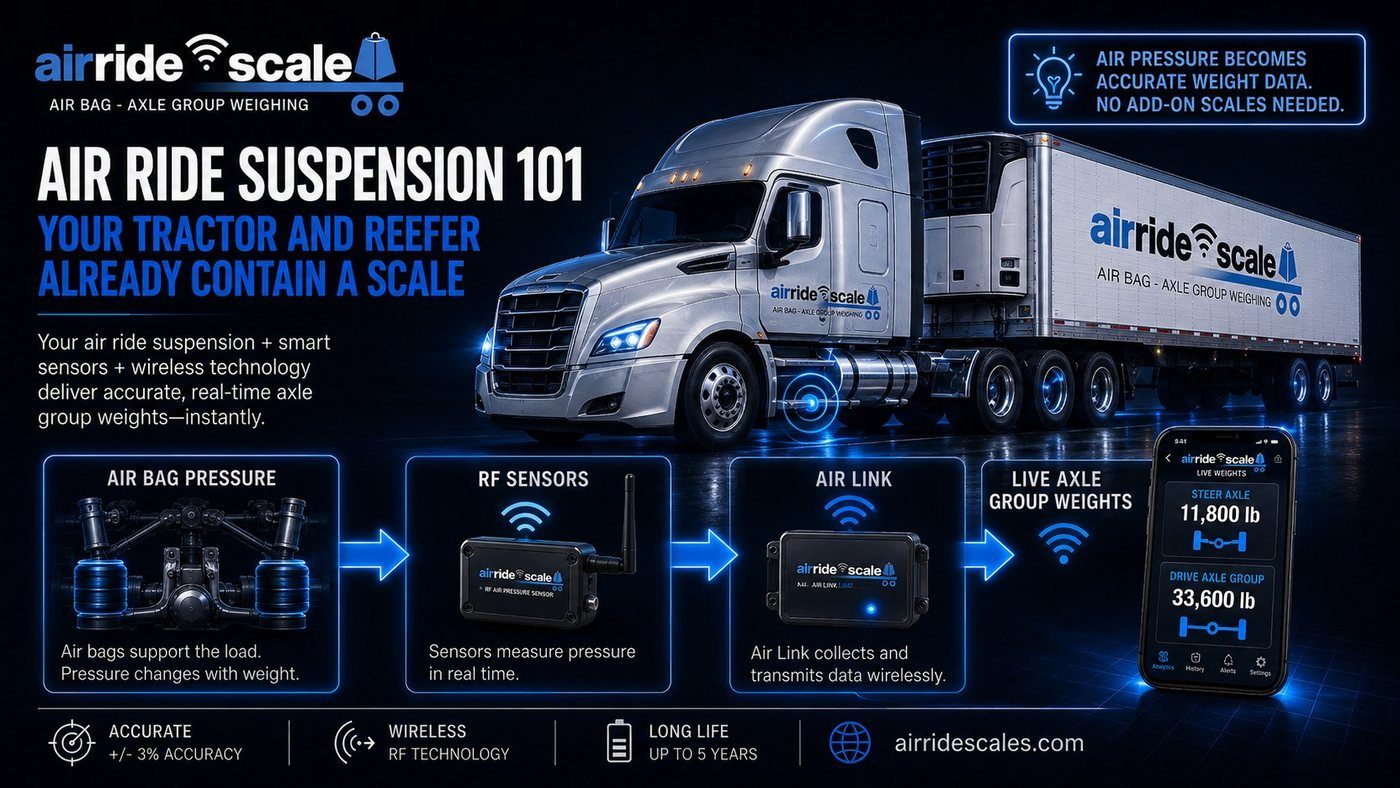 Diagram of air ride suspension air bags on a tractor and reefer trailer working as an onboard scale