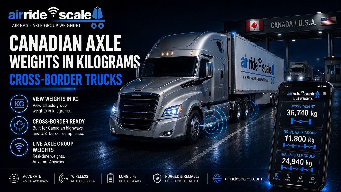 Air ride scale displaying Canadian axle group weights in kilograms on a tractor trailer at a loading dock