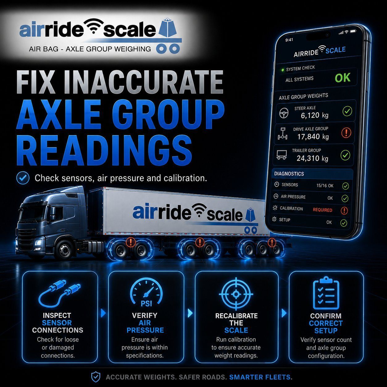 AirRide Scale troubleshooting guide for fixing an inaccurate axle group weighing scale on air bag suspension