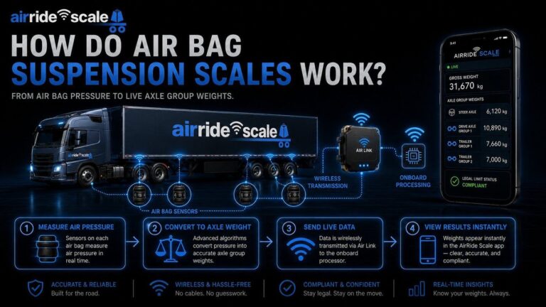 Diagram showing how AirRide Scale air bag suspension scales work from air pressure to live axle group weights