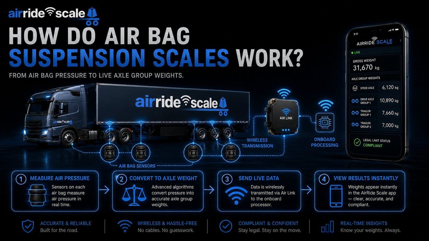 Diagram showing how AirRide Scale air bag suspension scales work from air pressure to live axle group weights