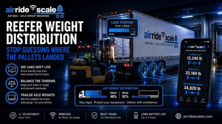 Air ride scale showing reefer trailer weight distribution across drive and trailer axle groups during pallet loading
