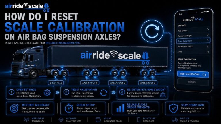 AirRide Scale app showing how to reset scale calibration on air bag suspension axles