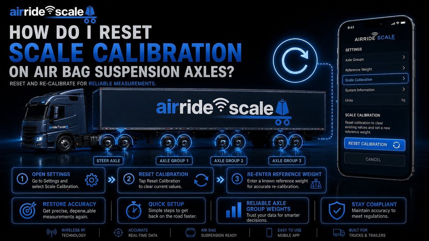 AirRide Scale app showing how to reset scale calibration on air bag suspension axles