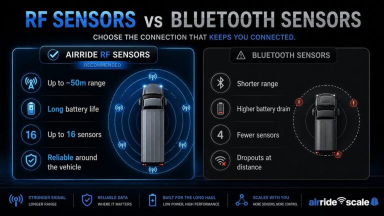 AirRide Scale comparison of RF wireless air bag sensors versus Bluetooth air bag sensors pros and cons