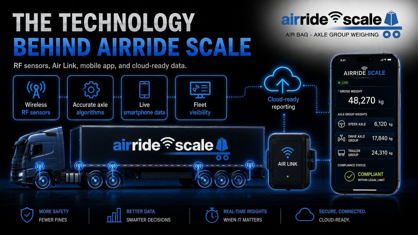 AirRide Scale infographic explaining the technology behind modern air ride scales including RF sensors and cloud reporting