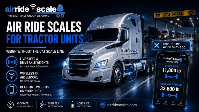 Air ride scale on a tractor unit showing live steer and drive axle weights on a phone instead of a CAT scale ticket