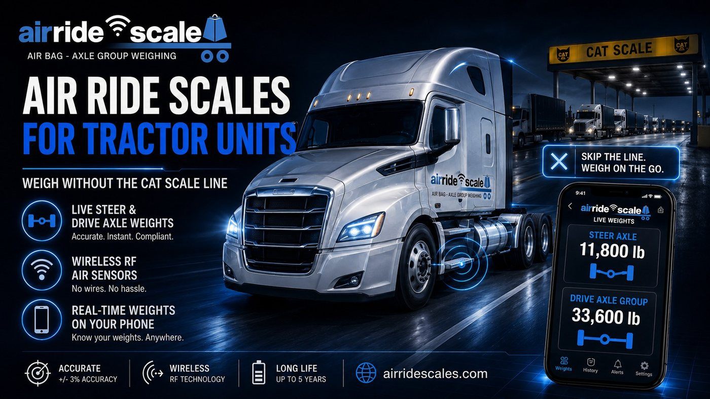 Air ride scale on a tractor unit showing live steer and drive axle weights on a phone instead of a CAT scale ticket