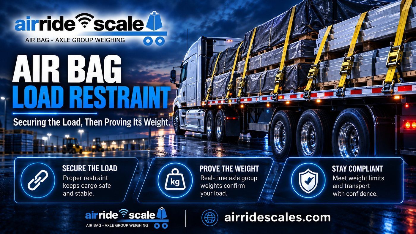Air bag load restraint dunnage bags bracing pallets in a trailer alongside AirRide Scale axle weight monitoring