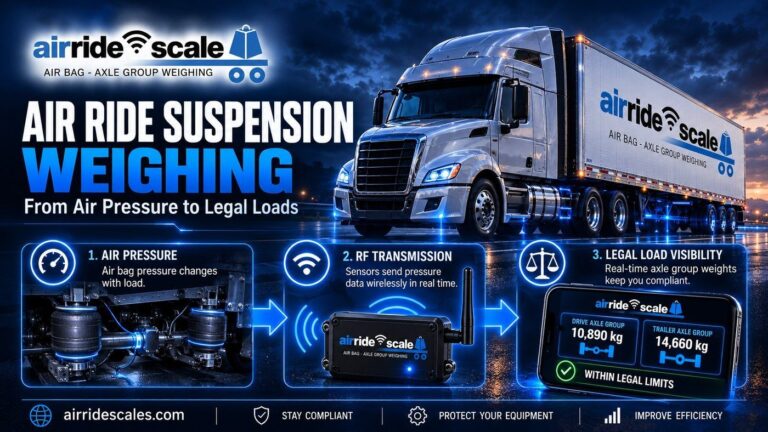 Air ride suspension weighing process from air bag pressure to calibrated axle group weights in the AirRide app