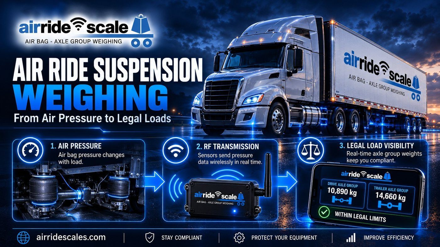 Air ride suspension weighing process from air bag pressure to calibrated axle group weights in the AirRide app