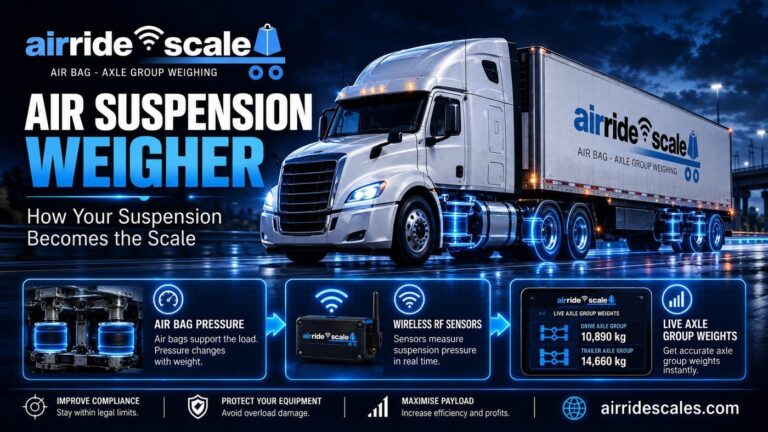 Air suspension weigher reading air bag pressure on a truck and showing live axle group weights on a phone