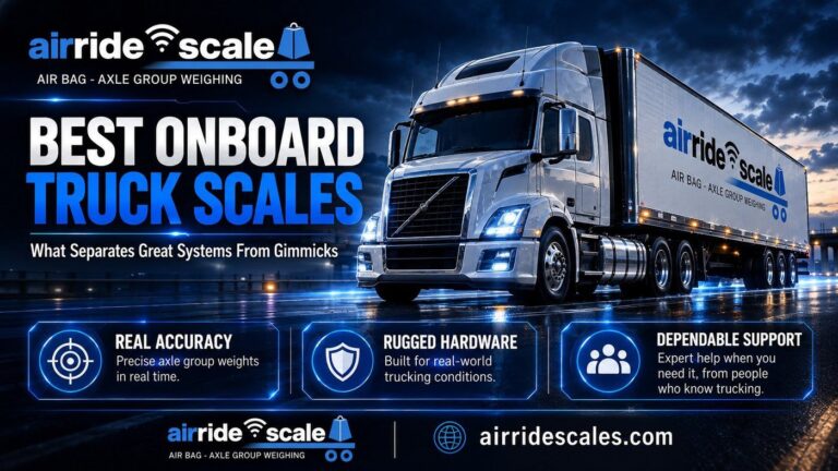 Comparing the best onboard truck scales: axle group detail, wireless range, calibration and app shown on a truck