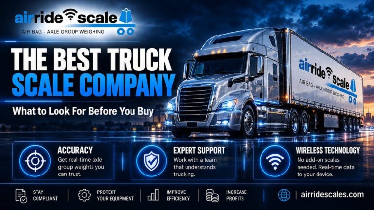 Choosing the best truck scale company: AirRide Scale support, calibration and app shown with a tractor trailer