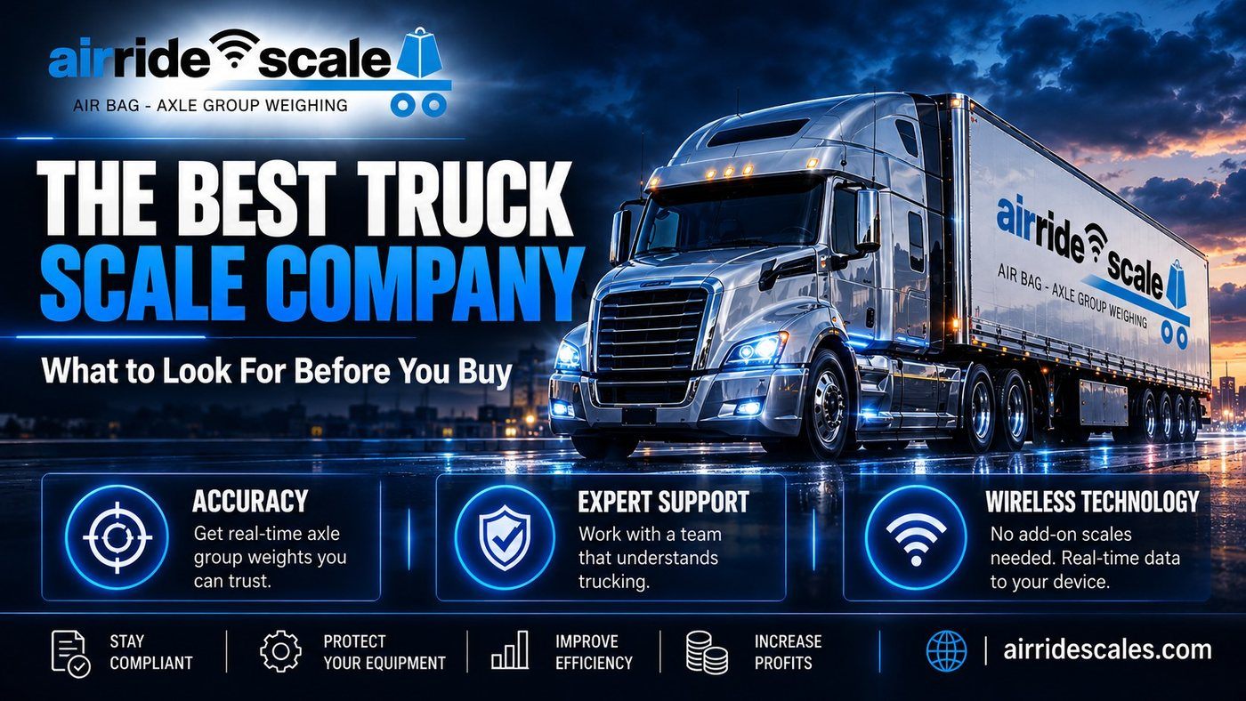 Choosing the best truck scale company: AirRide Scale support, calibration and app shown with a tractor trailer