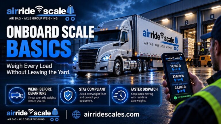 Onboard scale showing live truck and trailer axle weights on a phone at a loading yard