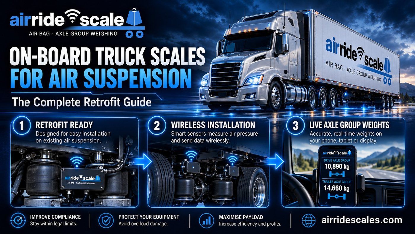 On-board truck scales for air suspension being retrofitted: sensors at air bags, Air Link hub and app calibration
