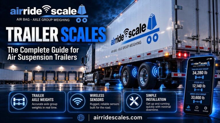 Complete guide to trailer scales showing wireless sensors on air suspension trailer axle groups and live weights