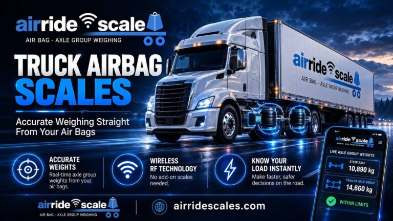 Truck airbag scales reading suspension air bags on a tractor trailer and showing axle weights in the AirRide app