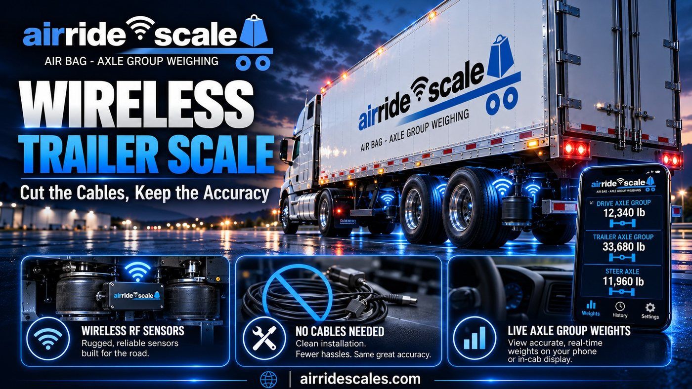 Wireless trailer scale with RF sensors on trailer air bags sending live axle weights to a phone with no cables